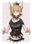  ... 1girl beige_background black_nails black_shirt blonde_hair blue_earrings blue_eyes bowsette claw_pose collar collarbone commentary_request earrings fingernails frown highres horns jewelry super_mario_bros. navel navel_piercing new_super_mario_bros._u_deluxe piercing pointy_ears punk sharp_fingernails shirt short_hair simple_background sketch solo speech_bubble spiked_belt spiked_collar spikes spoken_ellipsis super_crown sweatdrop t-shirt tabao torn_clothes torn_shirt upper_body 