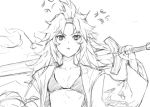  1girl angry bikini breasts collarbone commentary eyebrows_visible_through_hair fate/grand_order fate_(series) hair_ornament holding holding_sword holding_weapon jacket long_hair looking_at_viewer mordred_(fate) mordred_(fate)_(all) simple_background sketch solo swimsuit sword tonee upper_body weapon white_background 