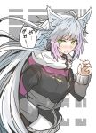  1girl ahoge animal_ears atalanta_(alter)_(fate) atalanta_(fate) blush fang fate/grand_order fate_(series) gin_moku gradient_hair green_eyes hand_in_pocket highres hood hoodie long_hair multicolored_hair purple_hair white_hair zipper 