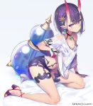  1girl arm_support artist_name breasts choker cross-laced_footwear earrings fate/grand_order fate_(series) garter_straps gourd hair_ornament high_heels hong_(white_spider) jewelry looking_at_viewer oni_horns open_toe_shoes patreon_username purple_hair short_hair shuten_douji_(fate/grand_order) simple_background small_breasts smile solo translucent_shirt violet_eyes white_background 