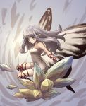  1girl aerie_(bravely_default) bare_shoulders bravely_default:_flying_fairy bravely_default_(series) butterfly_wings crystal dress fairy grey_eyes grey_hair highres kurage_(kurageru) long_hair pointy_ears short_dress smile solo strapless strapless_dress thigh_strap white_dress wings 