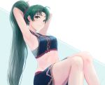 1girl armpits arms_behind_head bare_shoulders blush broken_armor closed_mouth crop_top earrings fire_emblem fire_emblem:_rekka_no_ken fire_emblem:_the_blazing_blade fire_emblem_heroes fire_emblem_musou green_eyes green_hair hair_tie high_ponytail intelligent_systems jewelry leonmandala long_hair looking_at_viewer lyn_(fire_emblem) lyndis_(fire_emblem) midriff nintendo ponytail shirt sitting sleeveless sleeveless_shirt smile thighs 