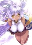  1girl azrael_(granblue_fantasy) bangs bare_legs bare_shoulders blush breasts covered_nipples dark_skin eyebrows_visible_through_hair feathered_wings gauntlets granblue_fantasy hair_between_eyes high_heels large_breasts lavender_hair lavender_wings long_hair looking_at_viewer open_mouth single_wing solo very_long_hair white_footwear wings yellow_eyes yuu_(kfc) 