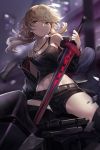  1girl artoria_pendragon_(all) bangs bare_shoulders black_footwear black_jacket black_shorts black_tank_top blonde_hair blurry blurry_background boots breasts city closed_mouth collarbone dark_excalibur expressionless eyebrows_visible_through_hair fate/grand_order fate/stay_night fate_(series) floating_hair goomrrat groin ground_vehicle hair_ribbon highres jacket jewelry long_hair looking_at_viewer low_ponytail medium_breasts midriff motor_vehicle motorcycle navel necklace night off_shoulder ribbon riding saber_alter short_shorts shorts sidelocks solo sword thigh-highs thigh_boots weapon wind yellow_eyes 
