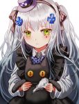  1girl apron bangs black_apron black_bow black_hairband blunt_bangs blush bow collared_dress dress facial_mark frills frown girls_frontline green_eyes hair_bow hair_ornament hairband hat hk416_(girls_frontline) holding long_hair long_sleeves looking_at_viewer mini_hat silence_girl silver_hair simple_background solo stuffed_animal stuffed_cat stuffed_toy teardrop tearing_up torn upper_body very_long_hair white_background white_dress younger 