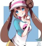  1girl bangs blue_background blue_eyes blush brown_hair creatures_(company) double_bun game_freak hat herunia_kokuoji holding holding_poke_ball mei_(pokemon) nintendo olm_digital pale_skin pink_headwear poke_ball pokemon pokemon_(anime) pokemon_(game) skirt smirk solo sparkle tongue tongue_out twintails upper_body white_headwear yellow_skirt 