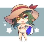  1girl alternate_costume animal_print ball bangs bare_arms bare_shoulders beachball bikini blush breasts chibi collarbone commentary_request eyebrows_visible_through_hair eyepatch fang green_eyes green_hair hair_between_eyes hand_on_hip hat hat_ribbon holding holding_ball kantai_collection kiso_(kantai_collection) long_hair looking_at_viewer navel open_mouth ribbon short_hair side-tie_bikini simple_background smile solo standing star sun_hat suzuaki_(angelic-sh) swimsuit twitter_username zebra_print 