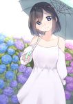  1girl bangs black_hair blue_eyes blue_flower blue_umbrella blush closed_mouth collarbone commentary_request dress eyebrows_visible_through_hair flower head_tilt highres holding holding_umbrella hydrangea long_sleeves original pink_flower puffy_long_sleeves puffy_sleeves purple_flower shoulder_cutout sidelocks smile solo suzunari_shizuku umbrella white_background white_dress yuki_arare 