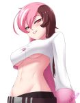  1girl breasts brown_eyes brown_hair cslucaris from_below grin groin hair_between_eyes heterochromia long_hair looking_at_viewer medium_breasts multicolored_hair navel neo_(rwby) pink_eyes pink_hair rwby signature simple_background smile solo standing stomach straight_hair two-tone_hair under_boob upper_body white_background 