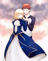  1boy 1girl ahoge artoria_pendragon_(all) black_sleeves blonde_hair brown_hair closed_eyes closed_mouth clouds cloudy_sky couple dress emiya_shirou fate/stay_night fate_(series) holding_hands interlocked_fingers long_dress long_sleeves saber shirt short_hair sky smile standing suzuakks white_shirt 