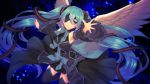  1girl absurdly_long_hair arm_up armpits black_legwear black_skirt black_sleeves blue_eyes blue_hair detached_sleeves eyepatch feathered_wings floating_hair frilled_sleeves frills hair_ribbon hatsune_miku highres long_hair long_sleeves looking_at_viewer matsuda_toki miniskirt outstretched_arm outstretched_hand parted_lips ribbon shiny shiny_hair skirt solo striped striped_ribbon thigh-highs very_long_hair vocaloid white_wings wings zettai_ryouiki 