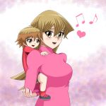  1girl arms_behind_back blonde_hair child cute happy long_hair mother_and_son motherly pink_sweater short_hair sincity2100 smile tenjouin_asuka yellow_eyes yu-gi-oh! yuu-gi-ou yuu-gi-ou_gx 