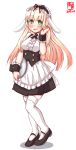  1girl absurdres alternate_costume animal_ears apron artist_logo blonde_hair bolo_tie center_frills commentary_request cosplay dated fake_animal_ears fleur_de_lapin_uniform floppy_ears frilled_apron frilled_cuffs frills full_body gochuumon_wa_usagi_desu_ka? gradient_hair green_eyes highres kanon_(kurogane_knights) kantai_collection long_hair maid_headdress mary_janes multicolored_hair rabbit_ears revision shirt shoes simple_background solo standing straight_hair thigh-highs tray underbust waitress white_apron white_background white_legwear white_shirt wrist_cuffs yuudachi_(kantai_collection) 