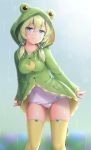  1girl animal_hood ass_visible_through_thighs blue_eyes breasts buttons closed_mouth collarbone commentary_request frog_hood green_hair green_jacket hair_ornament hair_over_shoulder hood hooded_jacket jacket long_hair long_sleeves looking_at_viewer medium_breasts original rain sasaame school_swimsuit smile solo standing swimsuit thigh-highs thighs water wet white_swimsuit yellow_legwear 