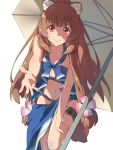  1girl animal_ear_fluff animal_ears bangs belt bikini blue_bikini blue_sky blue_swimsuit blunt_bangs breasts brown_hair chiharu_(9654784) closed_eyes clouds collarbone eyebrows_visible_through_hair highres leg_garter long_hair looking_at_viewer medium_breasts navel parasol raccoon_ears raccoon_girl raccoon_tail raphtalia red_eyes simple_background sky smile solo swimsuit tail tate_no_yuusha_no_nariagari umbrella white_background 