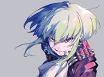  1boy black_gloves black_jacket blonde_hair cravat earrings gloves green_hair half_gloves jacket jewelry lio_fotia looking_at_viewer male_focus promare shirikon short_hair solo violet_eyes 