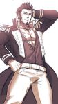  1boy abs beard blue_eyes brown_hair chest epaulettes facial_hair fate/grand_order fate_(series) hand_on_hip hand_on_own_head hifumi_(3b_x) long_sleeves male_focus military military_uniform monochrome napoleon_bonaparte_(fate/grand_order) pants simple_background smile solo thighs uniform 