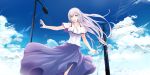  1girl :d alternate_costume blue_skirt blue_sky casual clouds collarbone cosmicsnic emilia_(re:zero) floating_hair hair_ornament highres long_hair long_skirt looking_at_viewer off-shoulder_shirt off_shoulder open_mouth outdoors outstretched_arm re:zero_kara_hajimeru_isekai_seikatsu shirt silver_hair skirt sky smile solo standing very_long_hair violet_eyes white_shirt 