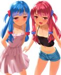  2girls :3 :d arms_behind_back bangs bare_shoulders black_shirt blue_hair blue_shorts blush breasts closed_mouth collarbone crop_top dress eyebrows_visible_through_hair furrowed_eyebrows hair_ornament hair_scrunchie highres kotonoha_akane kotonoha_aoi kurione_(zassou) long_hair looking_at_viewer multiple_girls navel open_mouth pink_dress pink_eyes pink_hair pink_scrunchie purple_scrunchie scrunchie shirt shorts siblings simple_background sisters small_breasts smile tan tank_top tanline voiceroid white_background 