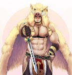  1boy abs bara beard belt biceps cape chest collar facial_hair fang gloves gullinbursti_(tokyo_houkago_summoners) hand_on_hip hat highres holding holding_weapon looking_at_viewer male_focus muscle nipples simple_background sword thick_eyebrows thighs tokyo_houkago_summoners weapon winemvee 