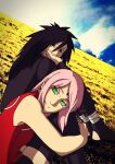  1boy 1girl black_hair female green_eyes haruno_sakura male naruto naruto_(series) naruto_shippuuden pink_hair uchiha_madara 