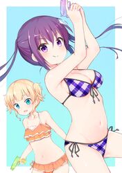  2girls absurdres alternate_hairstyle aqua_eyes armpits arms_up bangs bare_shoulders bikini bikini_skirt blonde_hair blue_background blunt_bangs blush breasts closed_mouth collarbone eyebrows_visible_through_hair frilled_bikini frills from_side front-tie_bikini front-tie_top gochuumon_wa_usagi_desu_ka? hair_between_eyes hair_ornament hairclip highres holding_water_gun kerun kirima_sharo large_breasts leg_up long_hair looking_at_viewer multiple_girls navel orange_bikini plaid plaid_bikini purple_bikini purple_hair raised_eyebrows shiny shiny_hair short_hair side-tie_bikini sideboob small_breasts smile standing strap_gap swimsuit tedeza_rize twintails two-tone_background violet_eyes white_background 