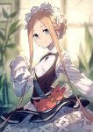  1girl abigail_williams_(fate/grand_order) apron bangs black_skirt blonde_hair blue_eyes bow butterfly_hair_ornament fate/grand_order fate_(series) hair_ornament heroic_spirit_chaldea_park_outfit highres key kusano_shinta long_hair looking_at_viewer maid maid_apron maid_headdress orange_bow plant skirt sleeves_past_fingers sleeves_past_wrists stuffed_animal stuffed_toy teddy_bear white_bow 