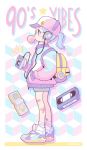  1girl artist_name backpack bag bandages blue_hair chewing_gum choker commentary eyebrows from_side full_body glasses hat headphones heart highres looking_away original pink_headwear sarah_dandh shoes short_hair short_ponytail sneakers solo videocasette violet_eyes walkman 
