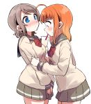  2girls ahoge blue_eyes blush bow bowtie breasts brown_hair bubble_tea bubble_tea_challenge drinking drinking_straw drinking_straw_in_mouth grey_skirt long_sleeves looking_at_another love_live! love_live!_sunshine!! multiple_girls orange_hair pleated_skirt red_eyes red_neckwear school_uniform short_hair simple_background skirt takami_chika totoki86 watanabe_you white_background yuri 