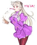  1girl albino brown_legwear bubble_tea bubble_tea_challenge capcom_fighting_jam commentary_request cup dress drinking_straw drop gloves hairpods ingrid lid long_hair miniskirt pantyhose purple_dress red_eyes ribbon skirt solo tetsu_(kimuchi) white_gloves white_hair 