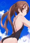  1girl ass black_swimsuit blue_sky brown_eyes brown_hair casual_one-piece_swimsuit clouds commentary_request cowboy_shot flat_chest girls_und_panzer kadotani_anzu lens_flare long_hair looking_at_viewer one-piece_swimsuit parted_lips sky smile solo swimsuit twintails yumesato_makura 