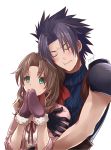  1boy 1girl aerith_gainsborough black_hair brown_hair closed_eyes closed_mouth commentary_request crisis_core_final_fantasy_vii final_fantasy final_fantasy_vii gloves green_eyes long_hair sasanomesi simple_background spiky_hair white_background zack_fair 