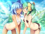  2girls ^_^ ass bangs bare_arms bare_shoulders bikini black_bikini blue_bow blue_hair blue_sky blush bow breasts chima_q cirno closed_eyes clouds collarbone commentary_request covered_nipples cowboy_shot daiyousei day eyebrows_visible_through_hair facing_another fairy_wings green_eyes green_hair hair_between_eyes hair_bow hand_on_own_chest highres ice ice_wings leaning_forward light_rays multiple_girls navel nose_blush open_mouth outdoors short_hair side-tie_bikini side_ponytail sky small_breasts smile standing stomach sweat swimsuit tan tanline tanned_cirno thighs touhou tree v_arms white_bikini wings yellow_bow 