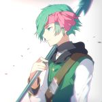  1boy green_eyes green_hair headband holding holding_weapon hoshi_wo_miru_hito lowres polearm shiba_(hoshi_wo_miru_hito) short_hair solo spear sunakumo weapon 