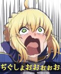  1girl ahoge armor armored_dress artoria_pendragon_(all) blonde_hair crying fate/stay_night fate_(series) fujitaka_nasu green_eyes highres kono_subarashii_sekai_ni_shukufuku_wo! parody saber solo subtitled translated upper_body wavy_mouth 