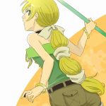  1girl 72yan bare_shoulders bow butterfly_tattoo choker commentary_request green_eyes hair_ribbon jewelry light_green_hair long_hair looking_at_viewer lowres multi-tied_hair open_mouth ponytail ribbon saga saga_frontier_2 shorts solo tattoo very_long_hair virginia_knights 