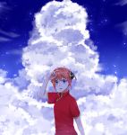  1girl blue_eyes blue_sky brown_hair china_dress chinese_clothes clouds double_bun dress gintama highres kagura_(gintama) looking_at_viewer open_mouth red_dress shiny shiny_hair short_hair short_sleeves sky solo standing upper_body yayoi_(chepiiii23) 