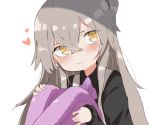  1girl bangs black_shirt blush closed_mouth commentary eyebrows_behind_hair girls_frontline grey_hair hair_between_eyes heart long_hair long_sleeves looking_at_viewer one_side_up shirt simple_background sleeves_past_wrists solo stuffed_animal stuffed_bunny stuffed_toy tosyeo ump45_(girls_frontline) upper_body white_background yellow_eyes 