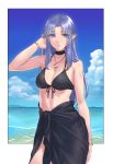  1girl beach bracelet breasts caster choker clouds crescent eyebrows_visible_through_hair fate/stay_night fate_(series) front-tie_bra highres hikichi_sakuya island jewelry lipstick long_hair makeup medium_breasts necklace pointy_ears purple_hair purple_lipstick sarong sky solo violet_eyes water 