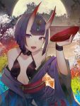  1girl :d alcohol bangs bare_shoulders blunt_bangs bob_cut cup fangs fate/grand_order fate_(series) full_moon hair_ornament harukagi horns japanese_clothes looking_at_viewer moon oni oni_horns open_mouth outdoors purple_hair sakazuki sake short_hair shuten_douji_(fate/grand_order) smile solo violet_eyes wide_sleeves 