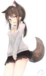  1girl absurdres animal_ear_fluff animal_ears black_skirt blush breasts brown_eyes brown_hair commentary_request fang fox_ears fox_girl fox_tail grey_jacket hair_ornament hairclip highres jacket long_hair long_sleeves looking_at_viewer low_twintails mayogii open_mouth original pleated_skirt signature simple_background skirt sleeves_past_wrists small_breasts solo tail twintails white_background 