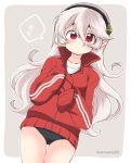 1girl alternate_costume black_hairband closed_mouth corrin_(fire_emblem) corrin_(fire_emblem)_(female) eromame fire_emblem fire_emblem_fates grey_background hairband jacket long_hair long_sleeves nintendo pointy_ears red_eyes red_jacket simple_background sleeves_past_fingers sleeves_past_wrists solo twitter_username white_hair