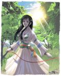  1girl black_hair breasts clouds commentary_request day dress jewelry long_hair looking_at_viewer mono mountain necklace shadow_of_the_colossus sky solo tree 