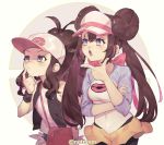  2girls arm_around_waist artist_name bag blue_hair brown_hair denim denim_shorts double_bun finger_to_mouth frilled_shorts frills hair_bun handbag hat leaning_forward light_blush looking_to_the_side mei_(pokemon) multiple_girls pantyhose poke_ball_symbol pokemon pokemon_(game) pokemon_bw pokemon_bw2 pokemon_masters ryein short_shorts shorts simple_background sweatdrop thinking touko_(pokemon) twintails twitter_username visor_cap wristband 