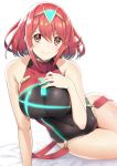  1girl akahito arm_support bare_arms bare_shoulders bed_sheet blush breasts closed_mouth commentary_request covered_collarbone covered_navel earrings fingernails hand_on_own_chest highres pyra_(xenoblade) jewelry looking_at_viewer medium_breasts neon_trim one-piece_swimsuit red_eyes redhead shiny shiny_hair shiny_skin short_hair simple_background sitting solo swimsuit thighs tiara white_background xenoblade_(series) xenoblade_2 