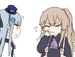  2girls :&lt; bangs black_dress blush_stickers brown_hair closed_eyes crossed_bangs dress girls_frontline green_eyes hair_ornament hat hitting hk416_(girls_frontline) multiple_girls necktie open_mouth purple_neckwear ro_(aahnn) scar scar_across_eye self_harm side_ponytail simple_background tearing_up ump45_(girls_frontline) white_background younger 