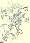  1boy chain fingerless_gloves gloves grin hatching_(texture) highres hood hood_down jacket keyblade kingdom_hearts kingdom_hearts_i lee_(dragon_garou) male_focus monochrome shoes shorts smile sneakers solo sora_(kingdom_hearts) spiky_hair 