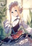  1girl abigail_williams_(fate/grand_order) apron bangs black_skirt blonde_hair blue_eyes bow butterfly_hair_ornament fate/grand_order fate_(series) hair_ornament heroic_spirit_chaldea_park_outfit highres key kusano_shinta long_hair looking_at_viewer maid maid_apron maid_headdress orange_bow plant skirt sleeves_past_fingers sleeves_past_wrists stuffed_animal stuffed_toy teddy_bear white_bow 