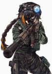  1girl assault_rifle braided_ponytail colt_canada_c7e commentary_request cosplay eyebrows_visible_through_hair eyepatch girls_frontline gloves gun handgun headphones holstered_weapon jackal_(rainbow_six_siege) m16a1_(girls_frontline) persocon93 pistol pouch rainbow_six_siege rifle scope solo spanish_commentary suppressor tactical_clothes weapon 