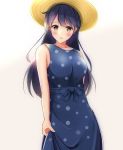  1girl ahoge alternate_costume black_hair blue_dress blush breasts brown_eyes dress hat highres kantai_collection large_breasts long_hair looking_at_viewer older polka_dot polka_dot_dress simple_background sleeveless sleeveless_dress solo straw_hat toyomi_13 ushio_(kantai_collection) white_background 